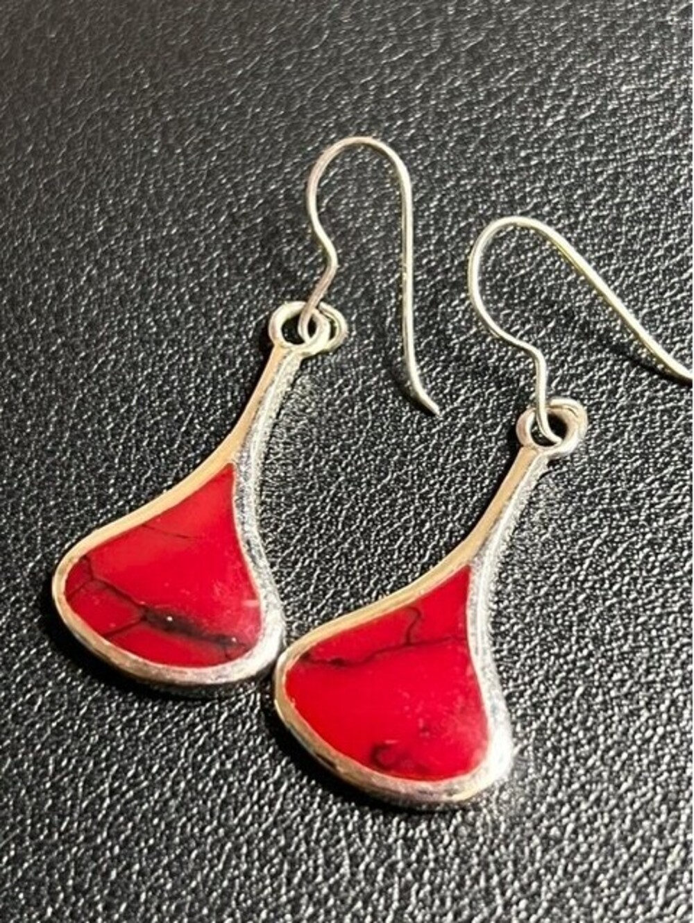 B6991 VTG ATI Sterling Silver Dangle Earrings Red Jasper Inlay Teardrop 1.5"